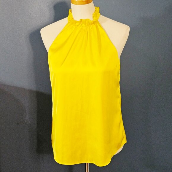 WHBM Bright Golden Yellow Satin Ruffle Neck Halter Blouse SZ 6 - Picture 1 of 7